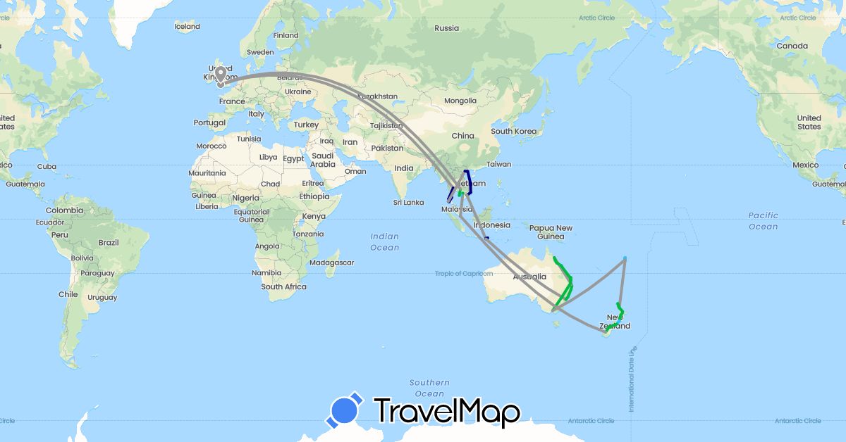 TravelMap itinerary: driving, bus, plane, boat in Australia, Fiji, United Kingdom, Indonesia, Cambodia, New Zealand, Singapore, Thailand, Vietnam (Asia, Europe, Oceania)